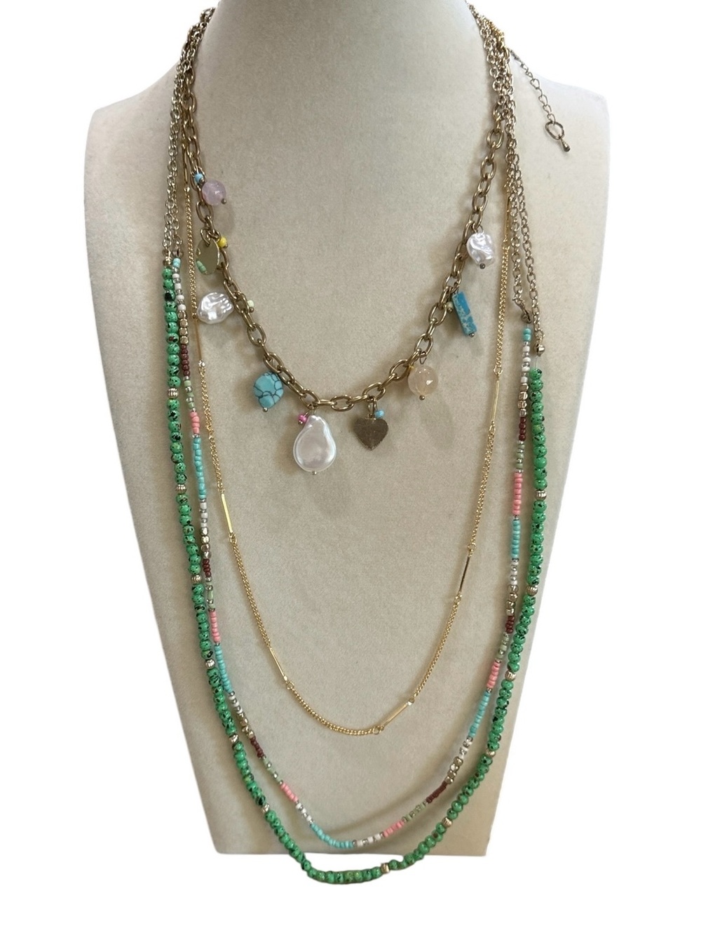 OOAK Fun and Whimsical Layered Multi-Strand Gold tone Beaded Charm Necklace
